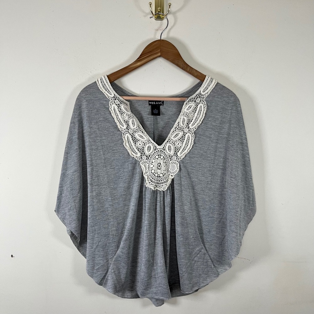 Y2K Wet Seal Shawl Blouse Lace Neckline Gray Womens Medium Bohemian Festival